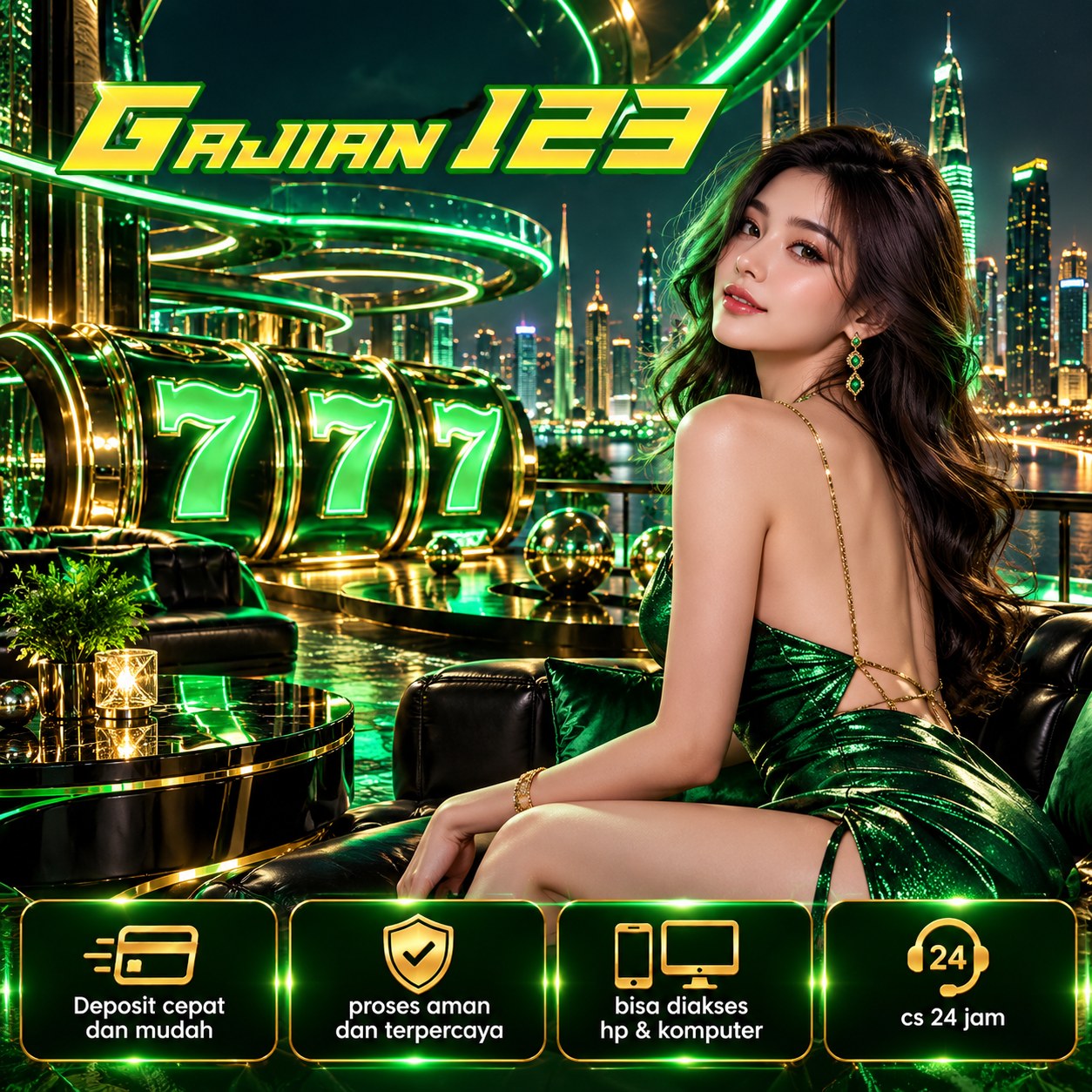 Banner GAJIAN123: ilustrasi permainan dan karakter bertema fantasi